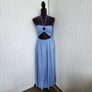 Labiz Blue Tie Neck Halter Linen Blend Maxi Long Dress Women's Cutout Sz S